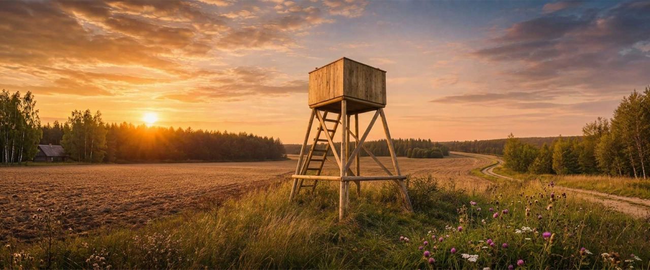 Dzinējmedību tornis lauka malā saulrietā