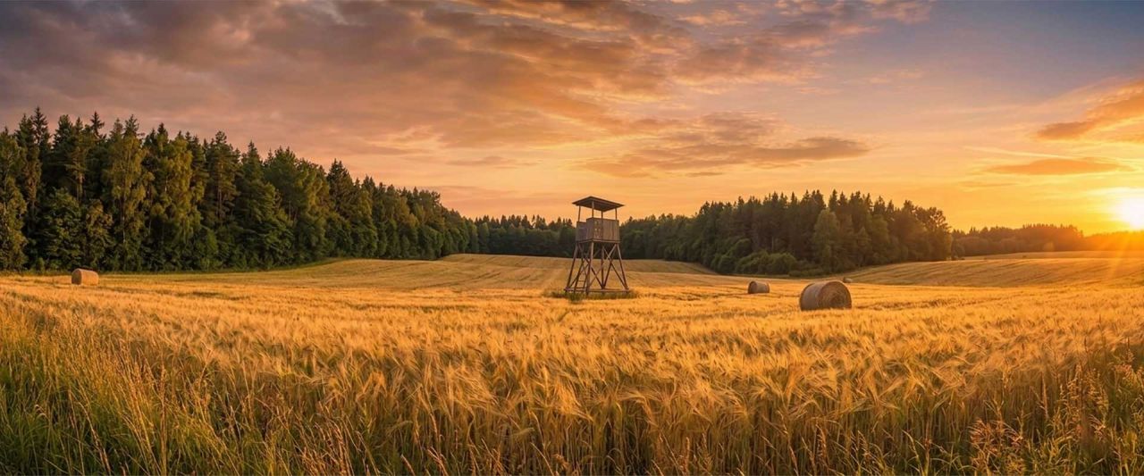 Medību tornis kviešu lauka vidū saulrietā