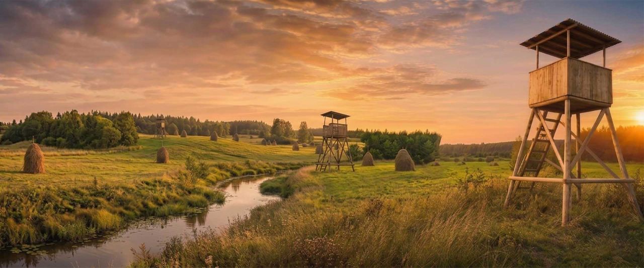 Koka medību tornis pļavā pie upes saulrietā