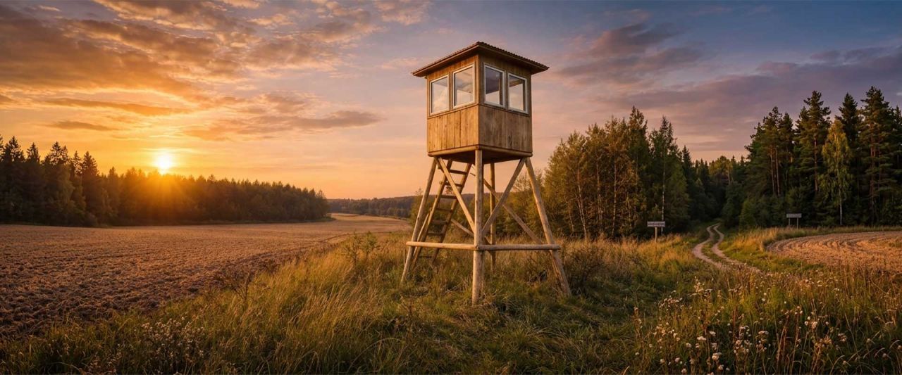 Slēgtais medību tornis ar logiem meža ceļa malā saulrietā