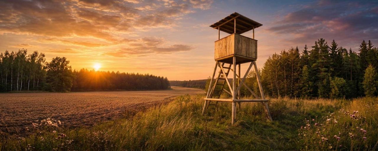 Vaļējais medību tornis ar jumtu meža malā saulrietā